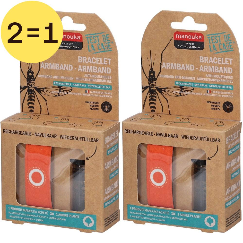 Deux bracelets Manouka orange dans un emballage en carton. Texte: "Anti-Moustiques", "Rechargeable".