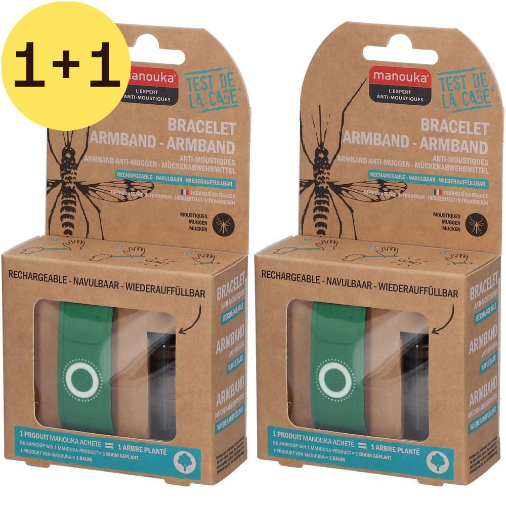 Deux bracelets anti-moustiques verts et noirs dans leur emballage. Texte: "Bracelet Armband".