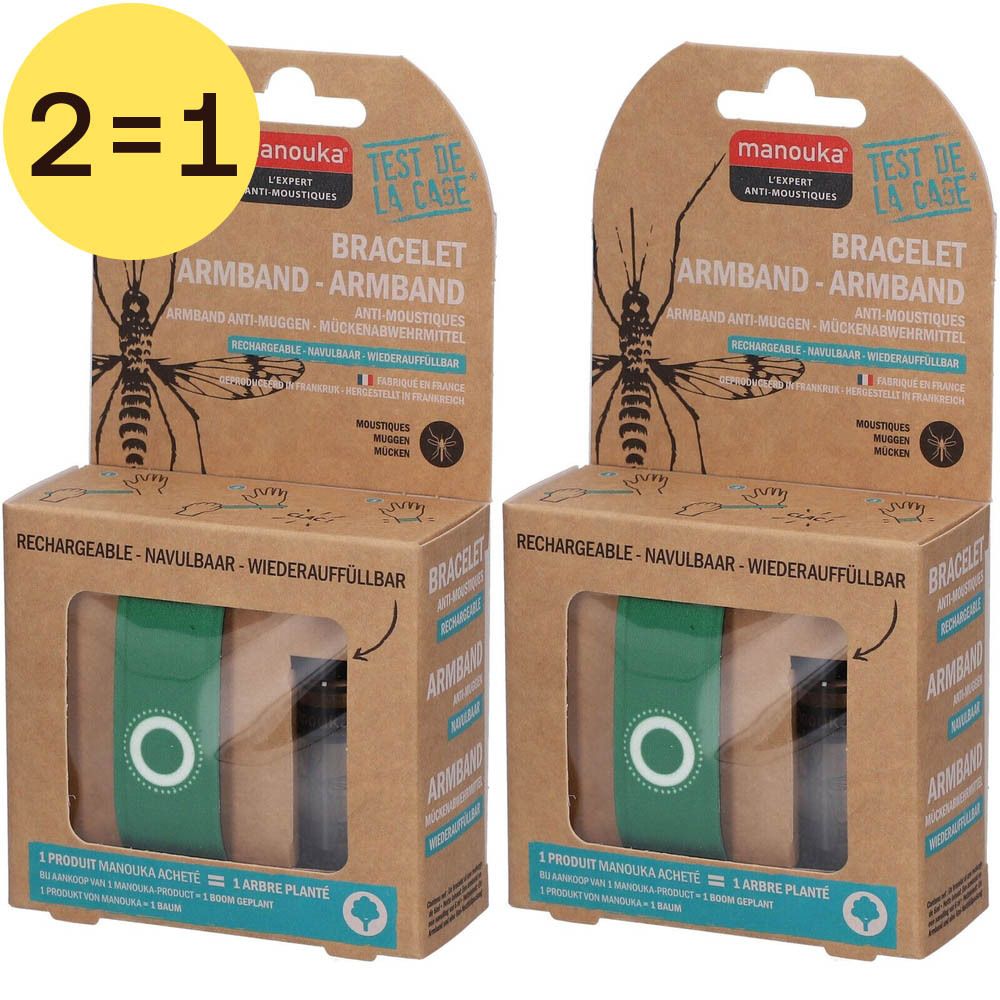 Deux bracelets anti-moustiques verts et noirs dans leur emballage. Texte: "Bracelet Armband".