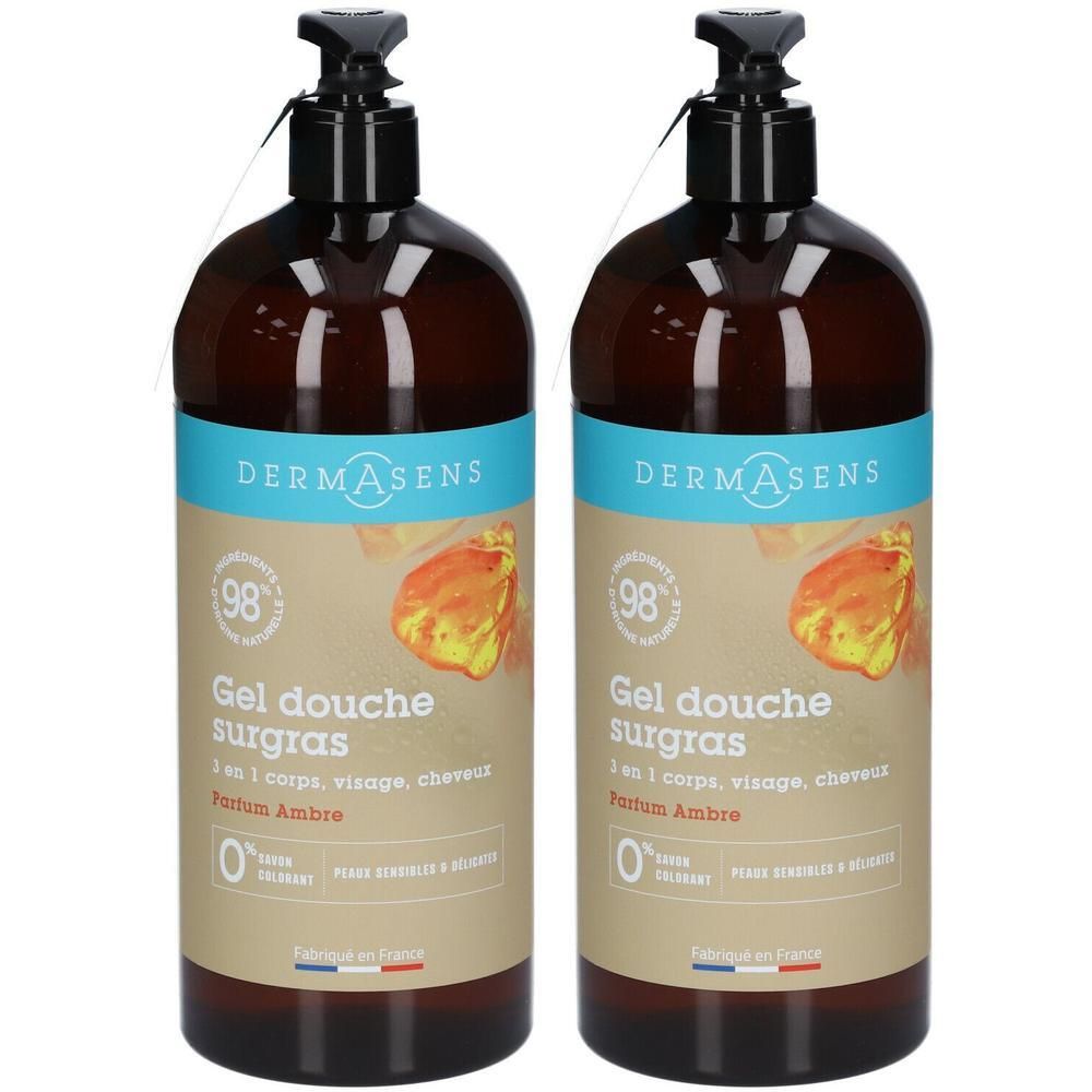 Deux flacons bruns avec pompe noire. Inscription: DERMASENS, Gel douche surgras, Parfum Ambre.