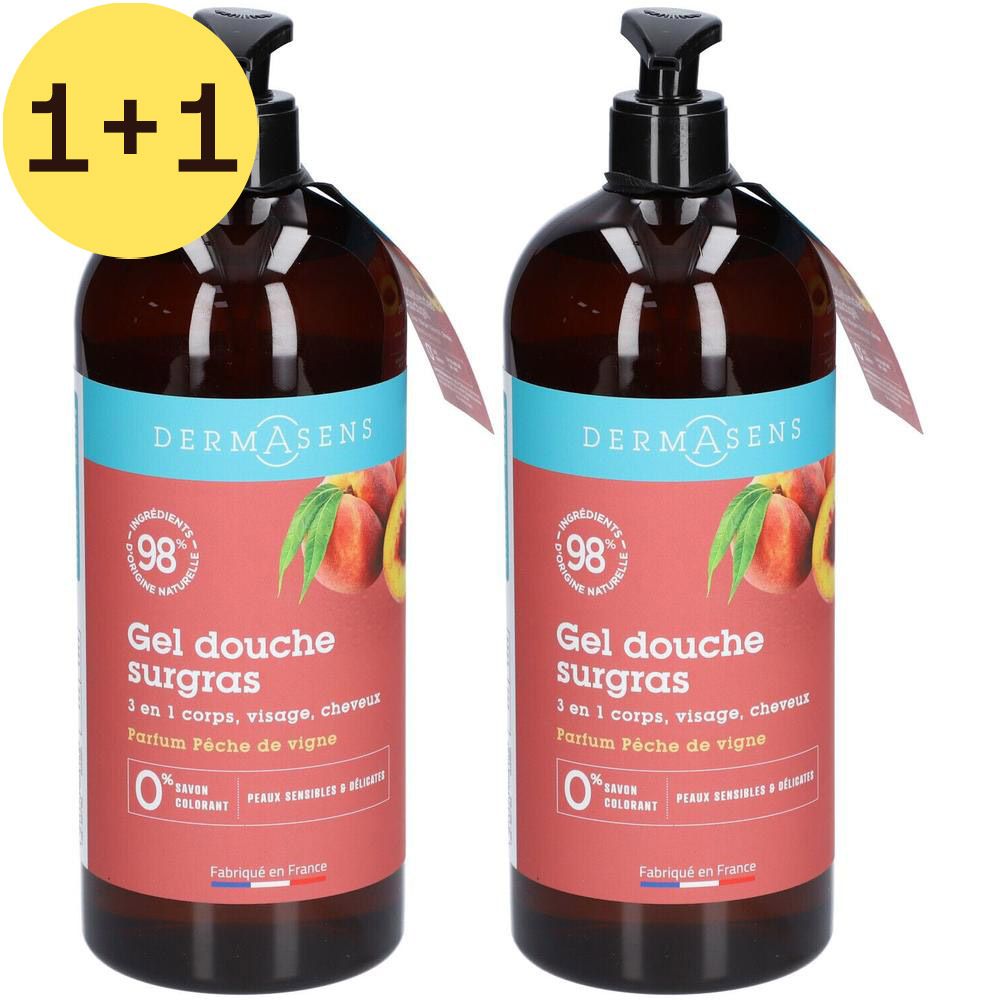 Deux flacons de gel douche avec pompe noire. Inscription: DermAsens, Gel douche surgras, 3 en 1, 98% ingrédients d'origine naturelle. Étiquette 2=1.