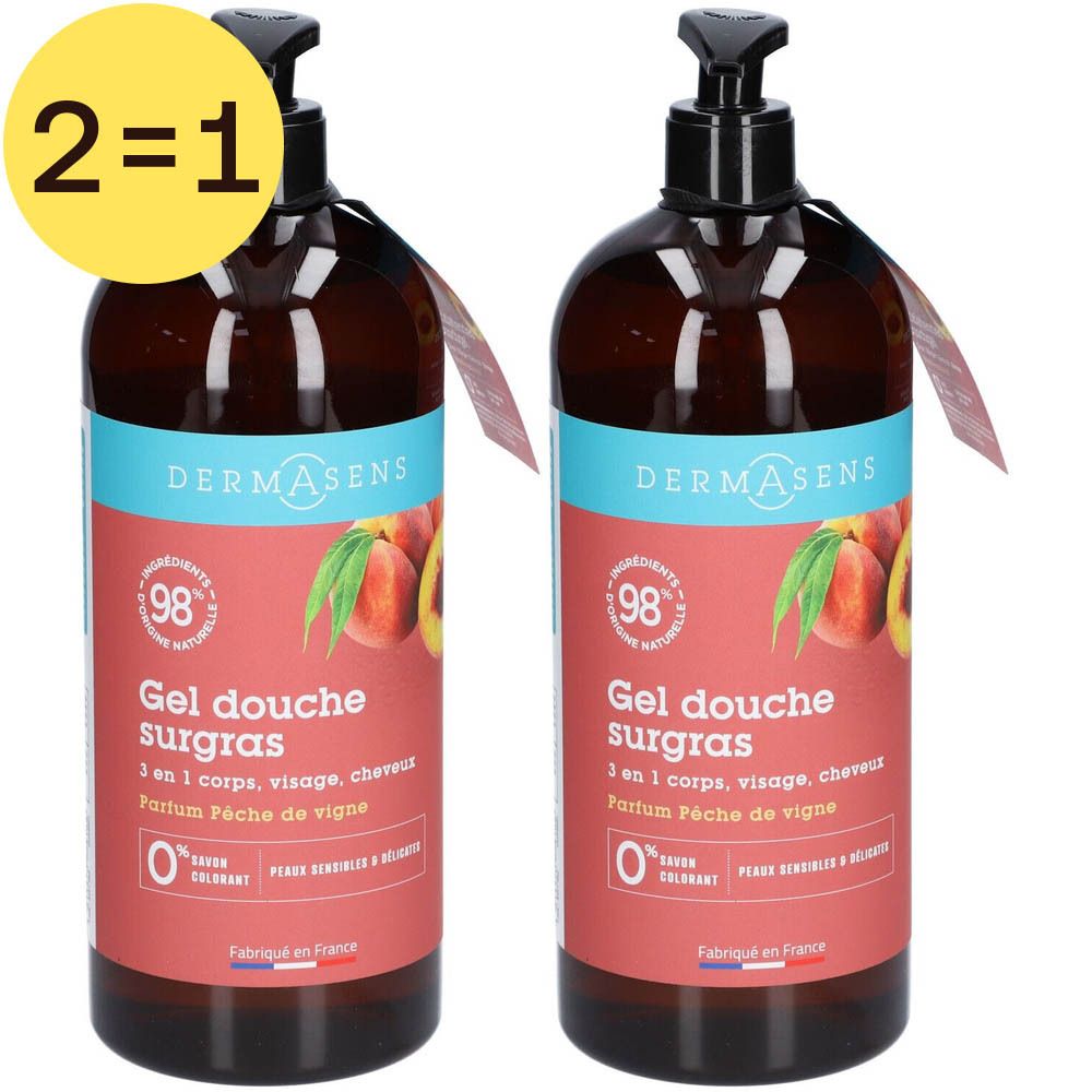 Deux flacons de gel douche avec pompe noire. Inscription: DermAsens, Gel douche surgras, 3 en 1, 98% ingrédients d'origine naturelle. Étiquette 2=1.