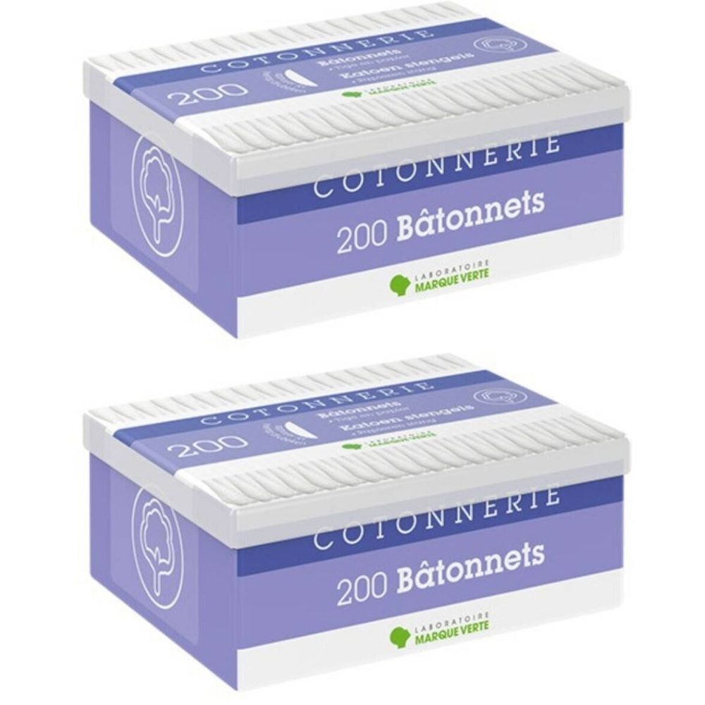 Deux boîtes de cotons-tiges. Boîtes violettes et blanches avec texte: 200 bâtonnets, coton, Marque Verte.