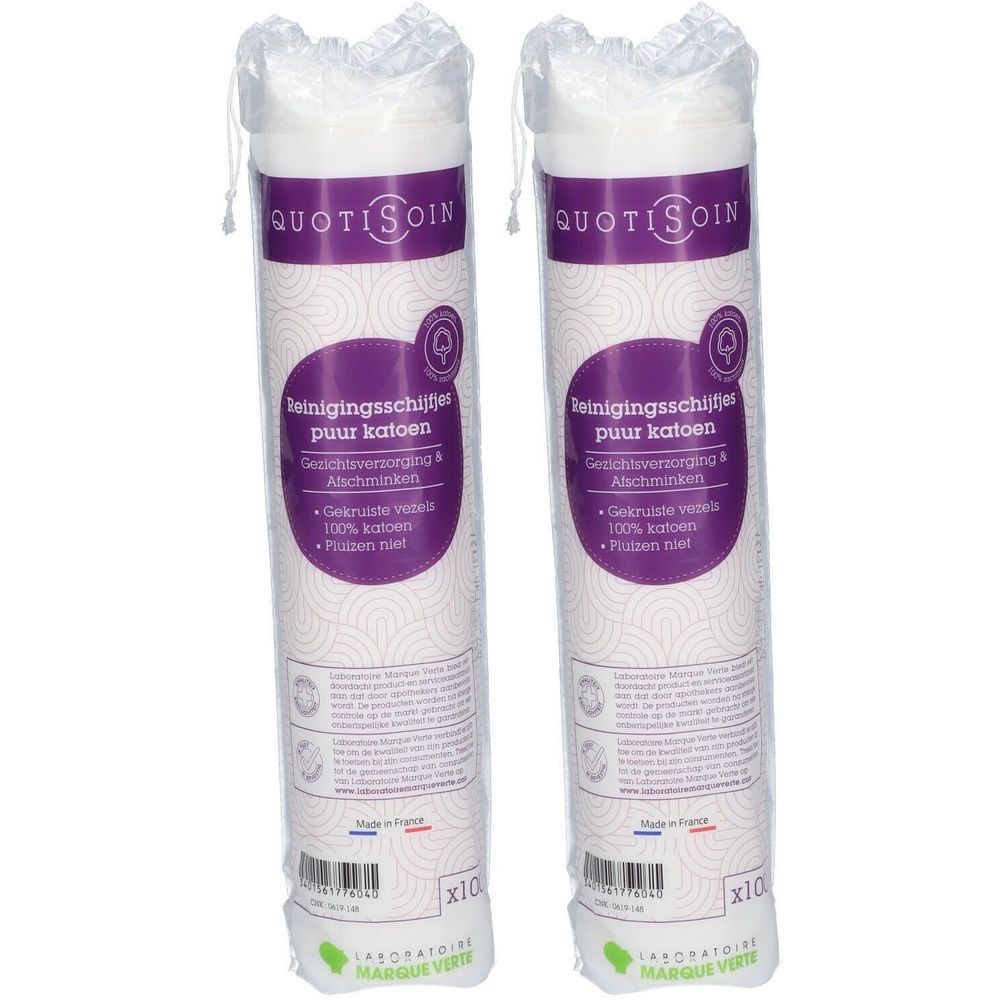 Deux paquets cylindriques de cotons. Inscriptions: QUOTISOIN, Reinigingsschijfjes, 100% katoen. Logo Laboratoire Marque Verte.