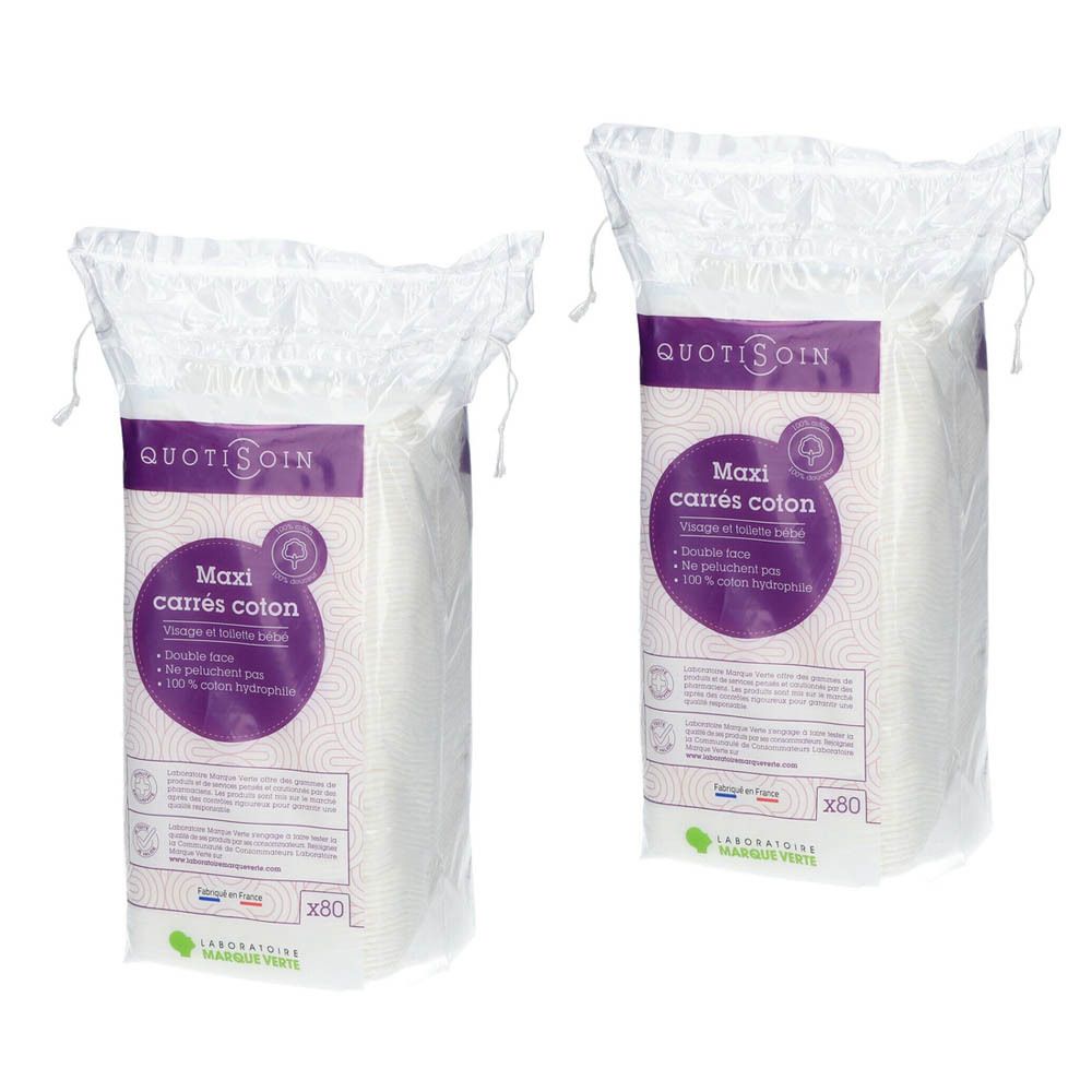 Deux paquets de cotons. Inscription: Quoti Soin, Maxi carrés coton, Double face, 100% coton. x80.