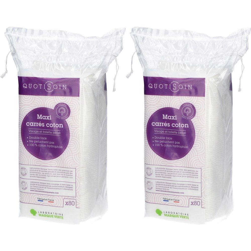 Deux paquets de cotons. Inscription: Quoti Soin, Maxi carrés coton, Double face, 100% coton. x80.