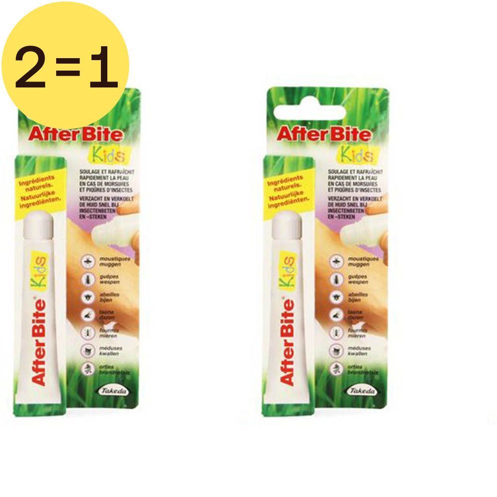 Deux emballages After Bite Kids. Inscription 2=1. Emballage avec image du produit et texte. Contient des ingrédients naturels.