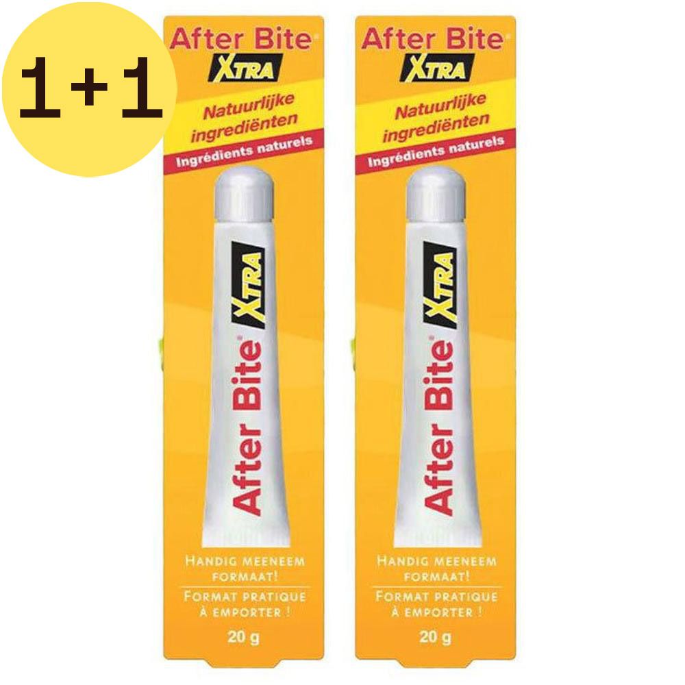 Deux tubes de gel After Bite Xtra en emballage blister. Chaque tube porte la mention "XTRA" et "GEL". L'emballage présente des insectes.