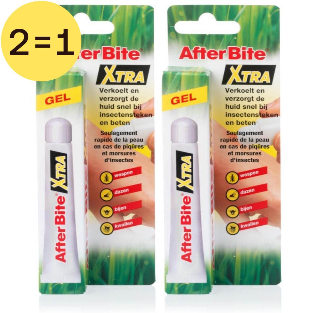 Deux tubes de gel After Bite Xtra en emballage blister. Chaque tube porte la mention "XTRA" et "GEL". L'emballage présente des insectes.