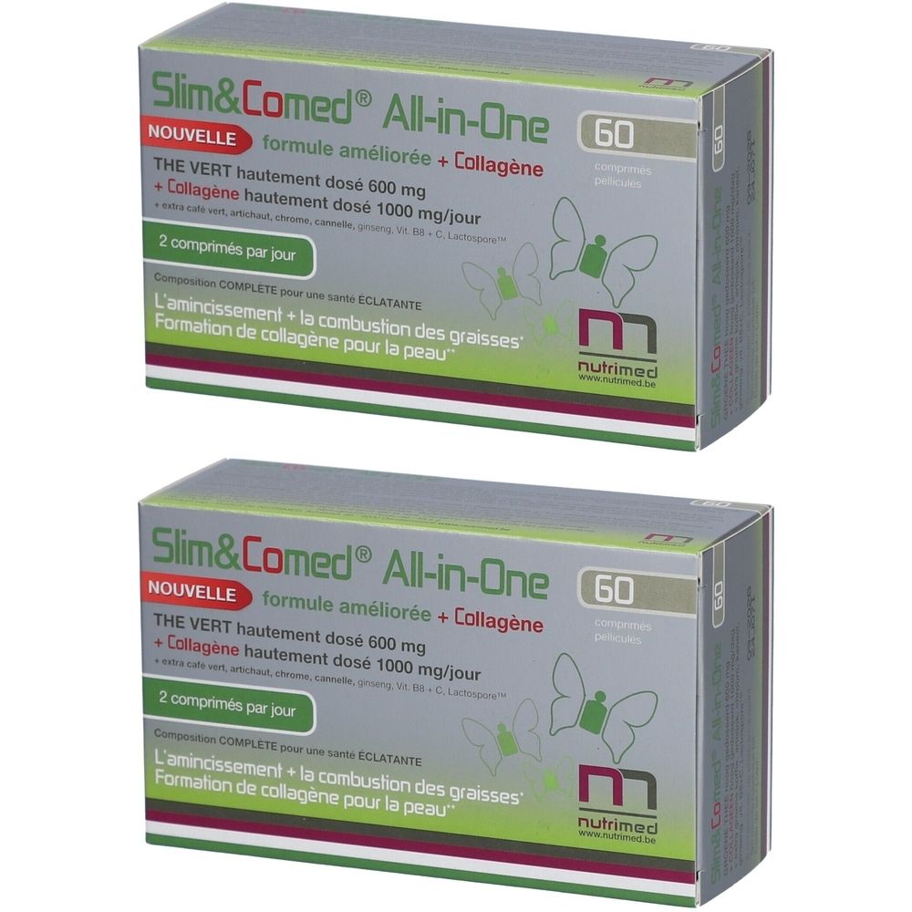 Deux boîtes de Slim&Comed All-in-one. Emballage vert et blanc avec texte et logo. Contient 60 gélules.