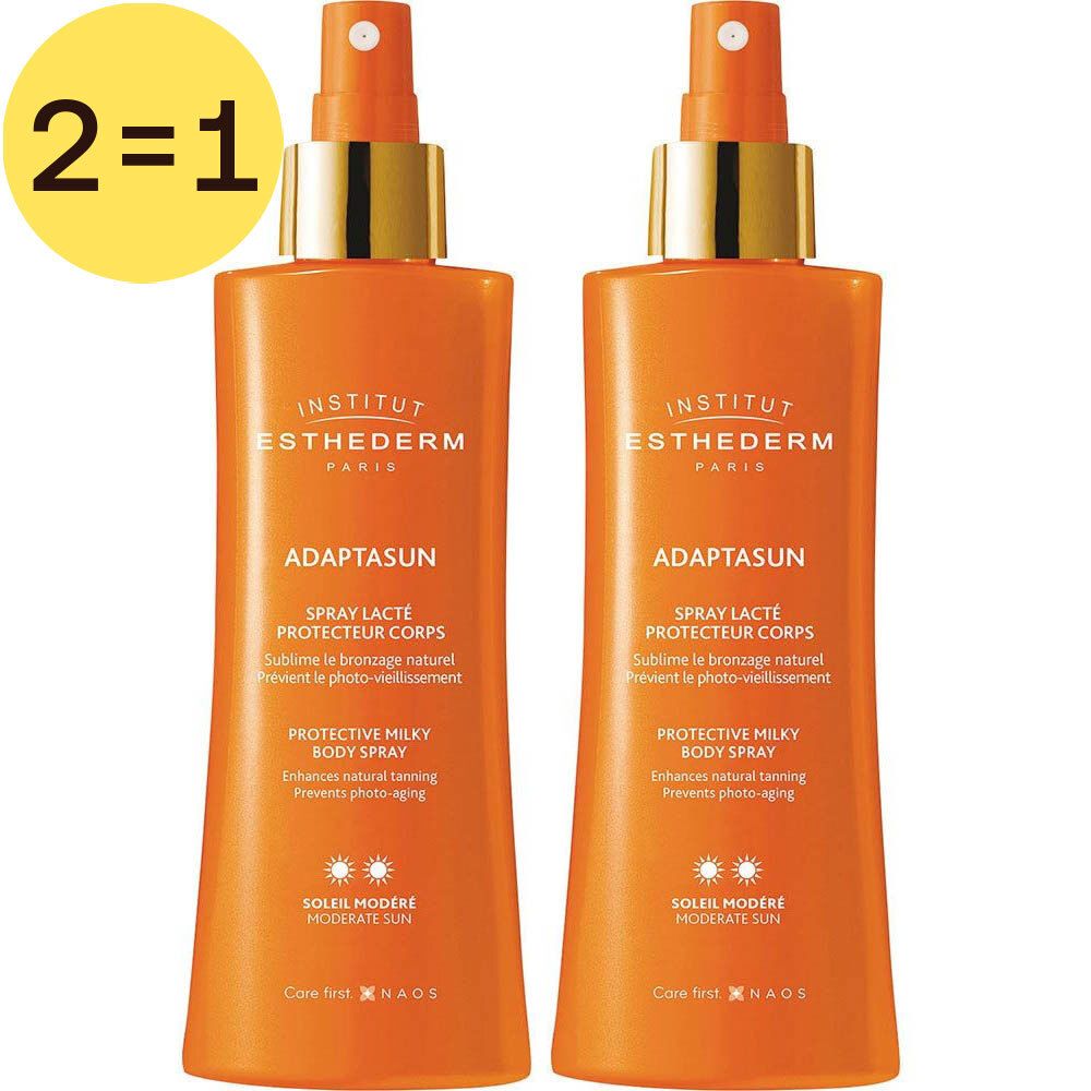 Deux flacons orange avec détails dorés. Inscription Adaptasun, Protective Milky Body Spray. Cercle jaune avec "2=1".