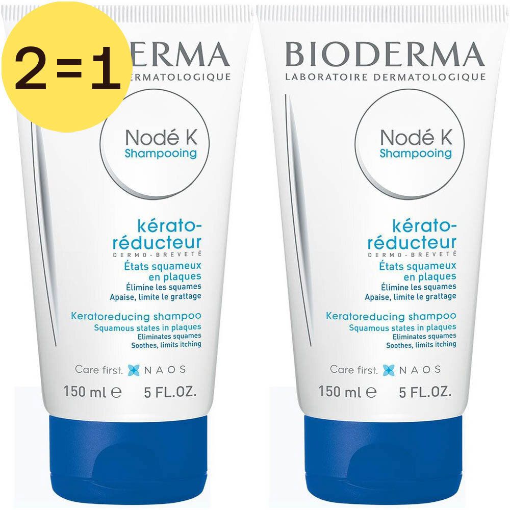 Deux tubes de shampooing Bioderma Nodé K. Inscription kérato-réducteur. Capuchon bleu. Étiquette jaune 2=1. Contenance 150 ml.
