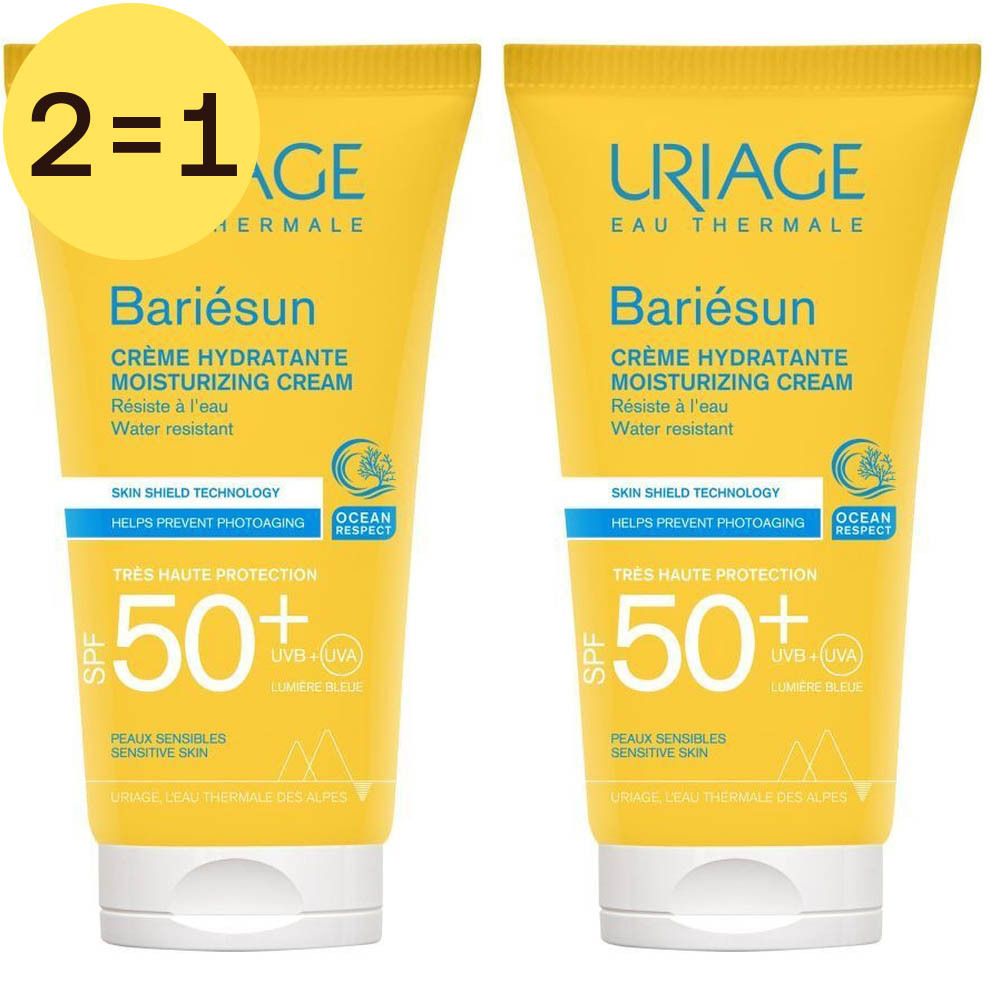 Deux tubes de crème solaire Uriage Bariésun SPF50+. Inscription: Crème Hydratante, 2=1. Écriture bleue et blanche.