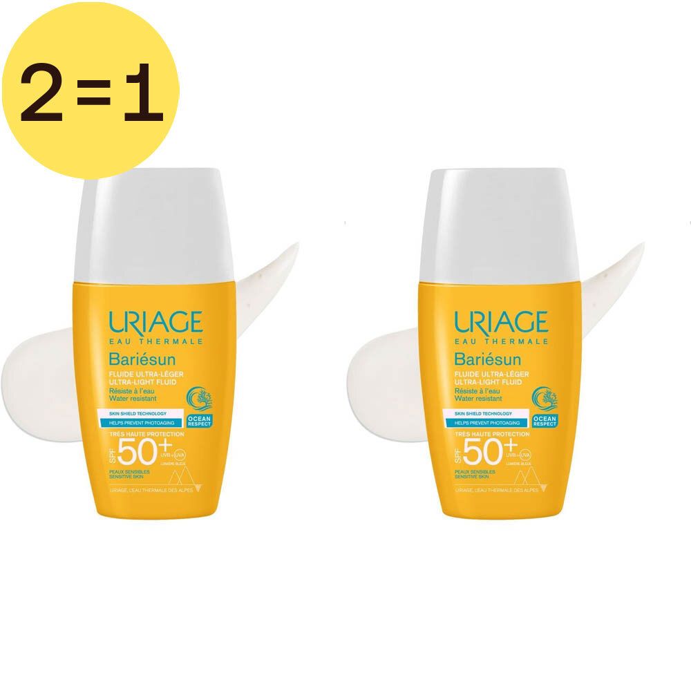 Deux flacons de crème solaire SPF 50+. Flacons jaunes avec bouchons blancs. Inscription : URIAGE, Bariésun. Label promotionnel jaune : 2=1.