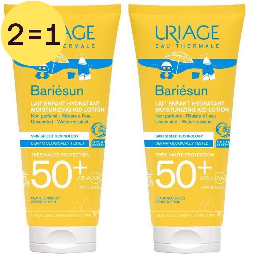 Deux tubes jaunes de Uriage Bariésun Enfants Lait SPF50+. Texte: 2=1. Contient du texte en français et en anglais. Protection solaire élevée.