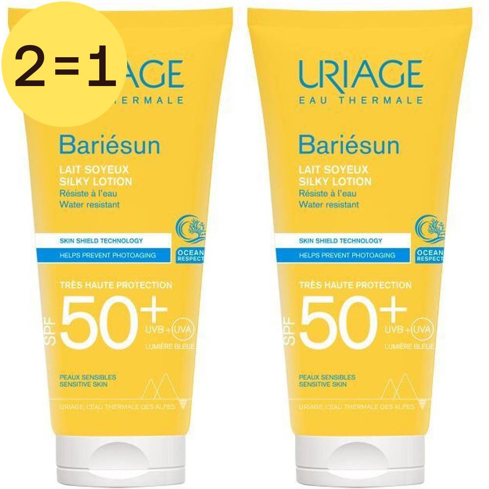 Deux tubes jaunes Uriage Bariésun Lait Soyeux SPF50+ avec texte bleu. Inscription : 2=1. Haute protection solaire pour peaux sensibles.
