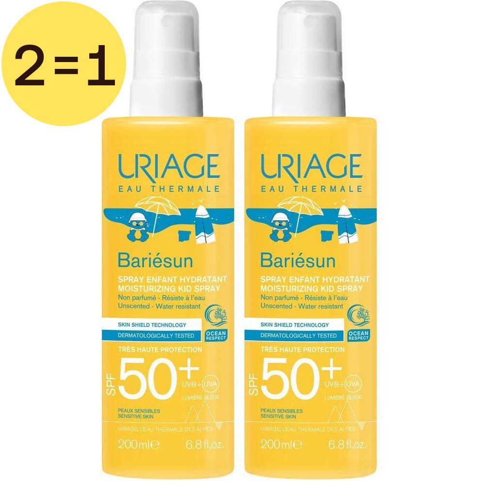 Deux sprays jaunes avec bouchon blanc. Inscription : Uriage, Bariésun, SPF 50+. Promotion 2=1. Pour enfants. Hydratant.