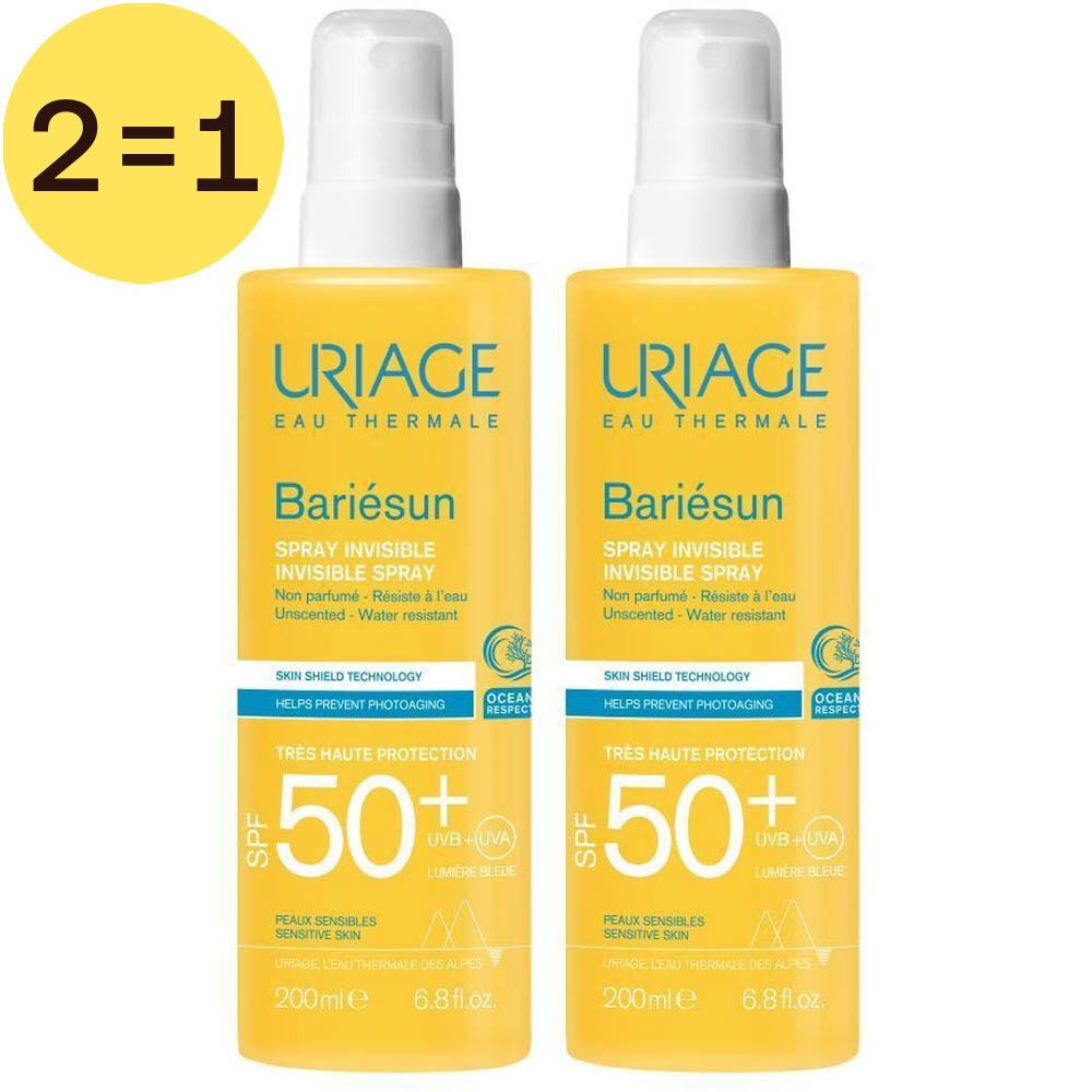 Deux sprays jaunes Uriage Bariésun SPF50+ avec bouchon blanc. Inscription 2 pour 1. Contenance 200ml.