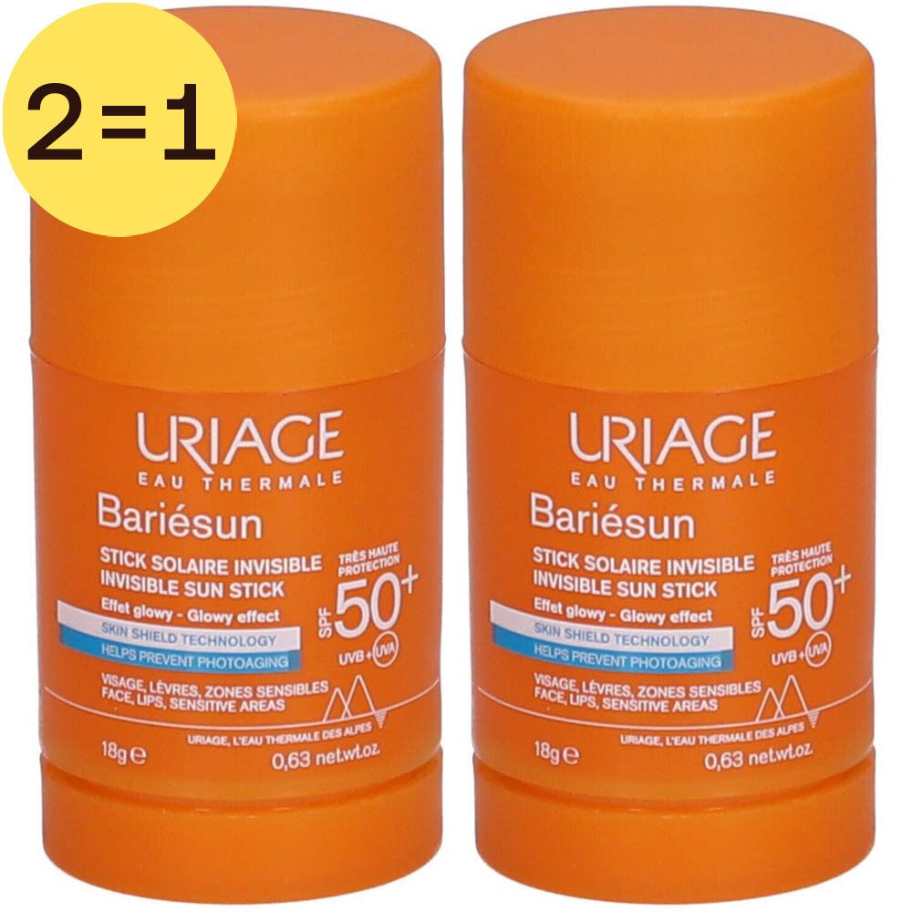 Deux sticks solaires orange. Inscription: Uriage Bariésun, SPF 50+. Autocollant jaune: 2=1. Texte en français.