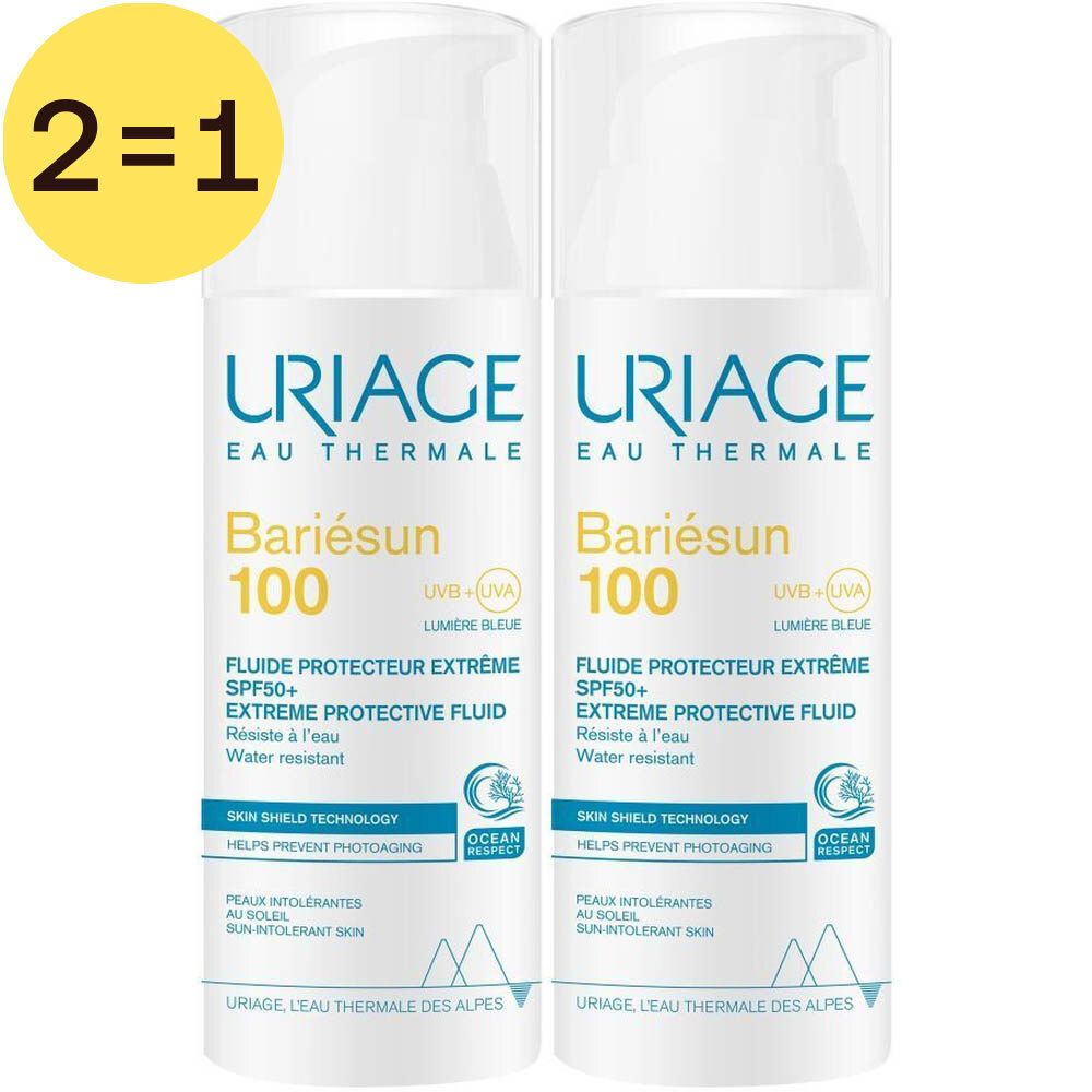 Deux flacons Uriage Bariesun 100. Flacons blancs avec texte bleu. Inscription: SPF50+ Extreme Protective Fluid. Étiquette jaune 2=1.