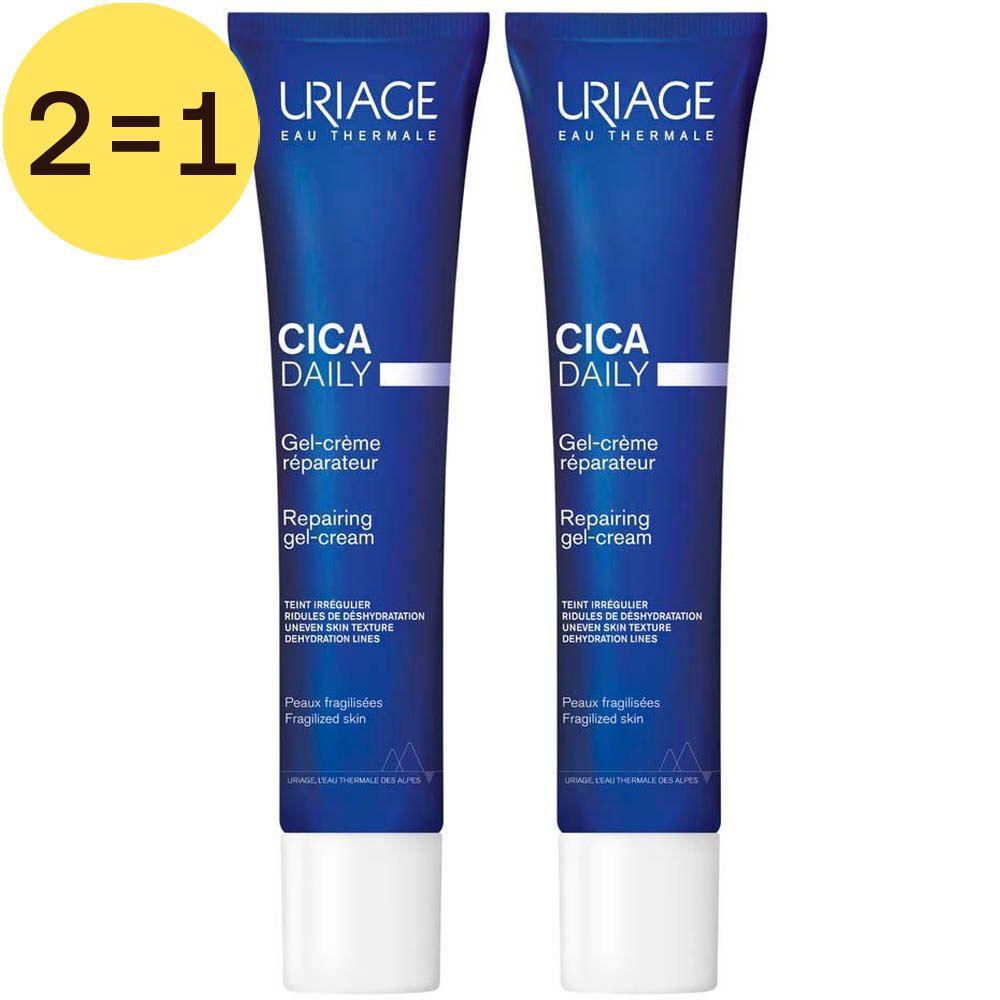 Deux tubes bleus avec bouchon blanc. Inscription: URIAGE, CICA DAILY, Gel-crème réparateur, Repairing gel-cream. Promo 2=1.