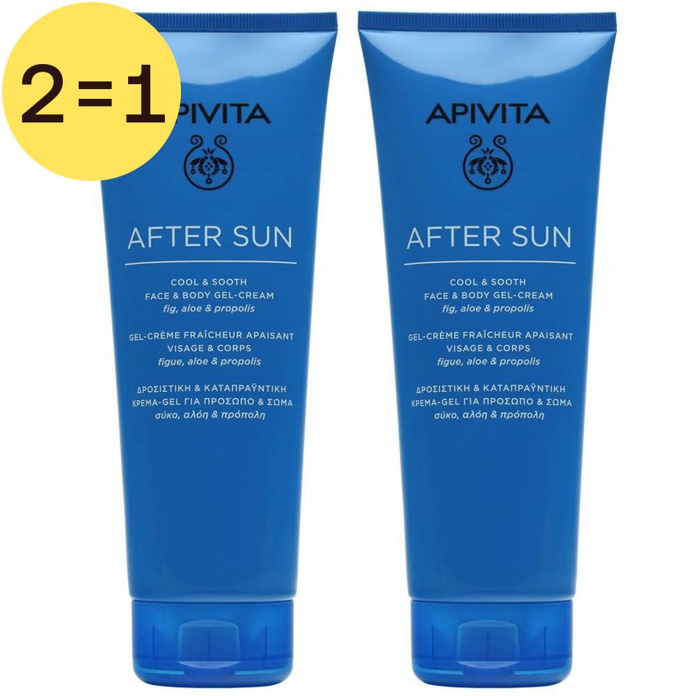 Deux tubes bleus Apivita Après-Soleil. Inscription : After Sun, Cool & Sooth, Face & Body Gel-Cream. Gel-Crème Fraîcheur Apaisant.