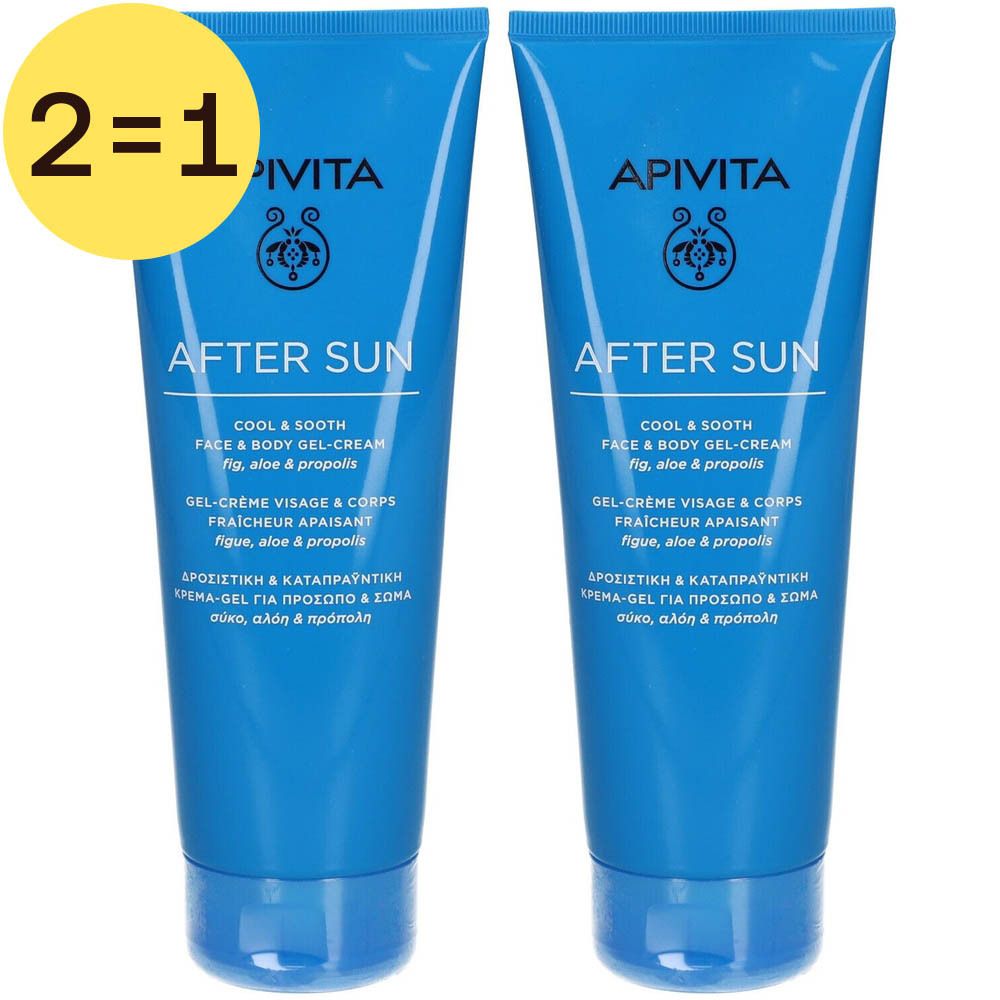 Deux tubes bleus avec texte blanc. On lit "AFTER SUN", "APIVITA" et d'autres informations. Cercle jaune avec "2=1".