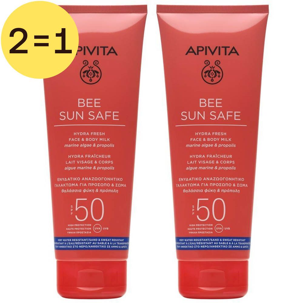 Deux tubes de lait solaire Apivita Bee Sun Safe Hydra Fresh Face & Body Milk SPF50. Marque jaune 2=1.