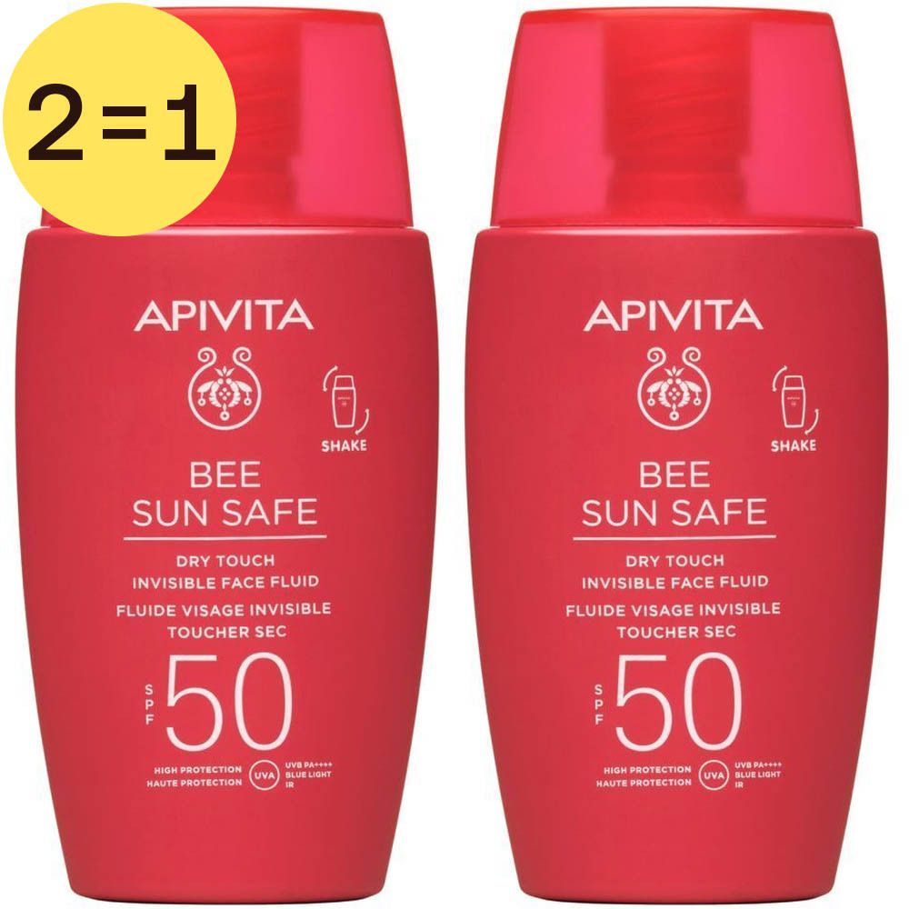Deux flacons rouges de crème solaire. Sur chaque flacon, "APIVITA BEE SUN SAFE". Inscription : "SPF 50". Autocollant jaune : "2=1".