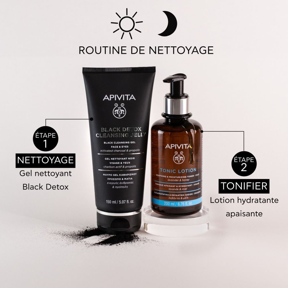 Gel nettoyant APIVITA Black Detox et Lotion Tonique. Texte: Routine de nettoyage. Symboles soleil et lune.