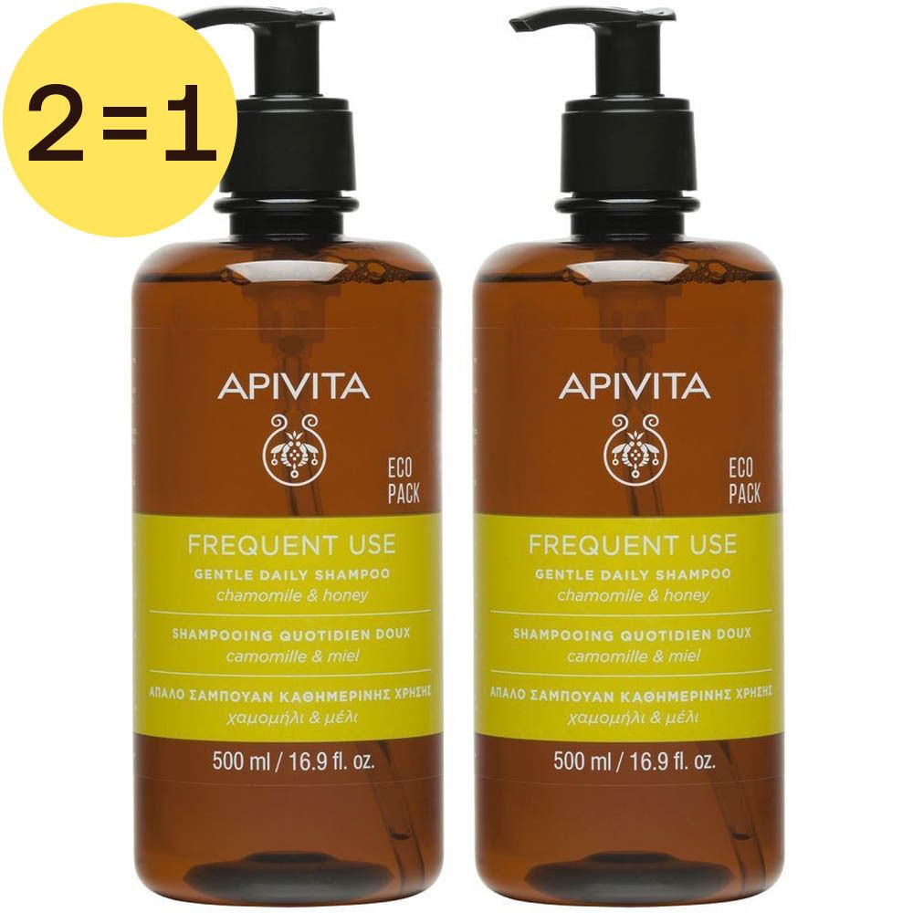 Deux flacons de shampooing. Un cercle jaune indique 2=1. Chaque flacon porte les mentions Apivita, Frequent Use, Chamomille & Honey.