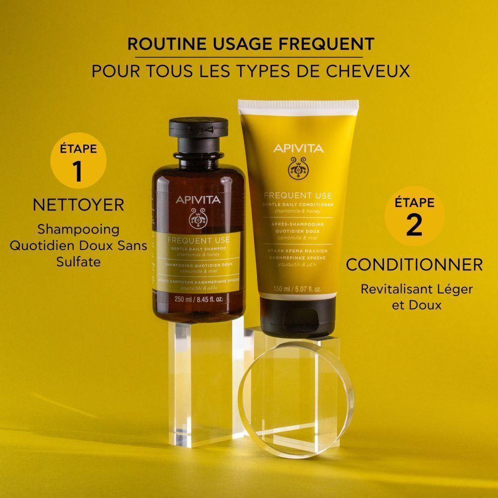 Flacons de shampooing et de revitalisant sur des socles. Texte : Routine usage frequent, Etape 1, Etape 2.