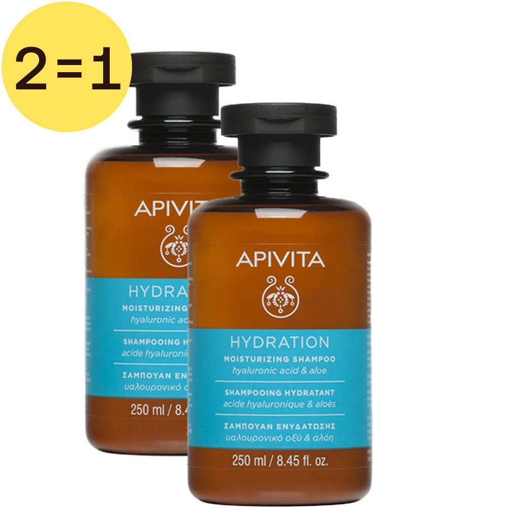 Deux flacons de shampooing. Inscription : APIVITA, HYDRATION, shampooing hydratant. 250 ml. Autocollant : 2=1.