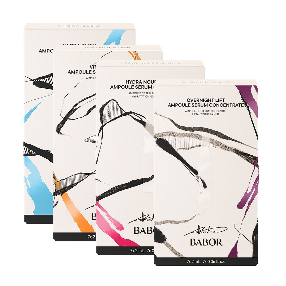 Quatre boîtes de sérum en ampoules Babor. Inscriptions : Hydra, Vitamin, Overnight Lift. Illustrations colorées et logo.