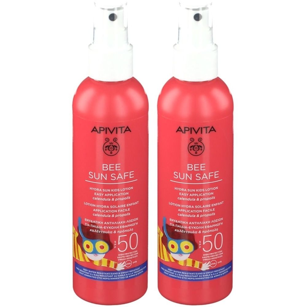 Deux flacons rouges avec vaporisateur blanc. Inscription: Apivita Bee Sun Safe, SPF 50. Impression: Hydra Sun Kids Lotion, Calendula & Propolis.