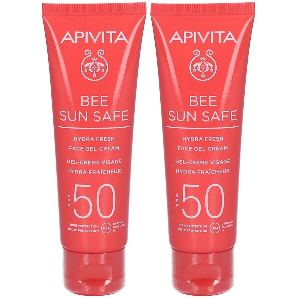 Deux tubes de Apivita Bee Sun Safe Gel-Crème Visage Hydra Fraîcheur SPF50. Emballage rouge, texte blanc. SPF 50.