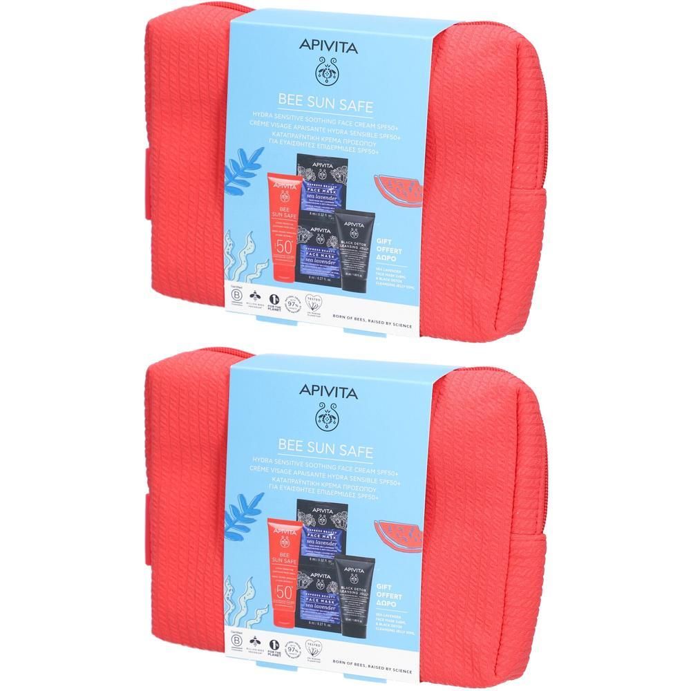 Ensemble avec trousse rouge, crème solaire, masques et gel nettoyant. Emballage avec nom du produit et SPF50+.