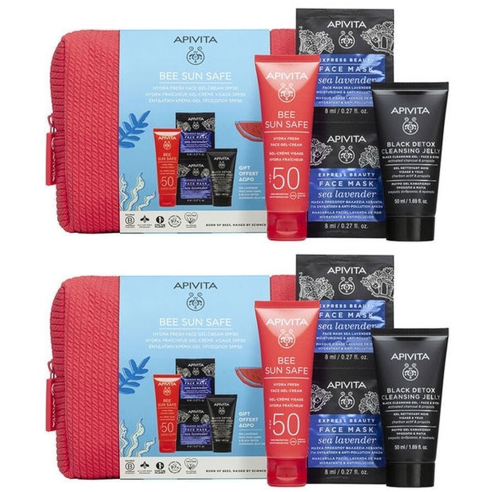 Ensemble de produits solaires dans une trousse rouge. Emballage bleu avec nom et logo de la marque.