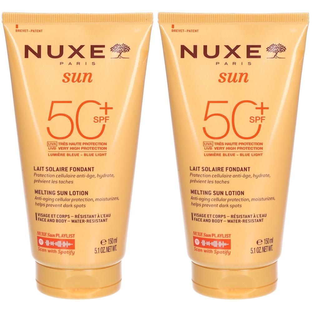 Deux tubes de crème solaire. Inscription : Nuxe Sun, 50 SPF. Texte : Lait Solaire Fondant, Melting Sun Lotion. Emballage jaune-orangé.