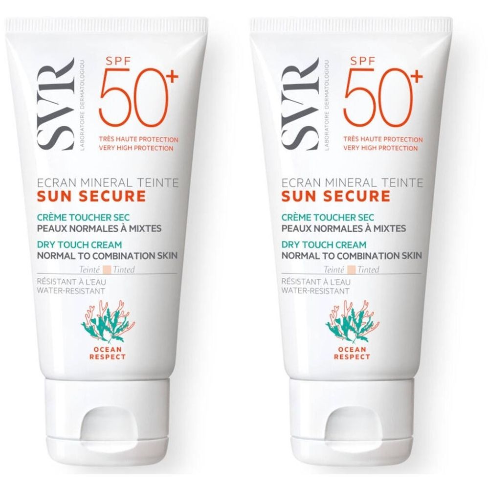 Deux tubes de crème teintée SVR Sun Secure. Blanc, avec impression. SPF 50+. Texte : ECRAN MINERAL TEINTE, SUN SECURE, OCEAN RESPECT.