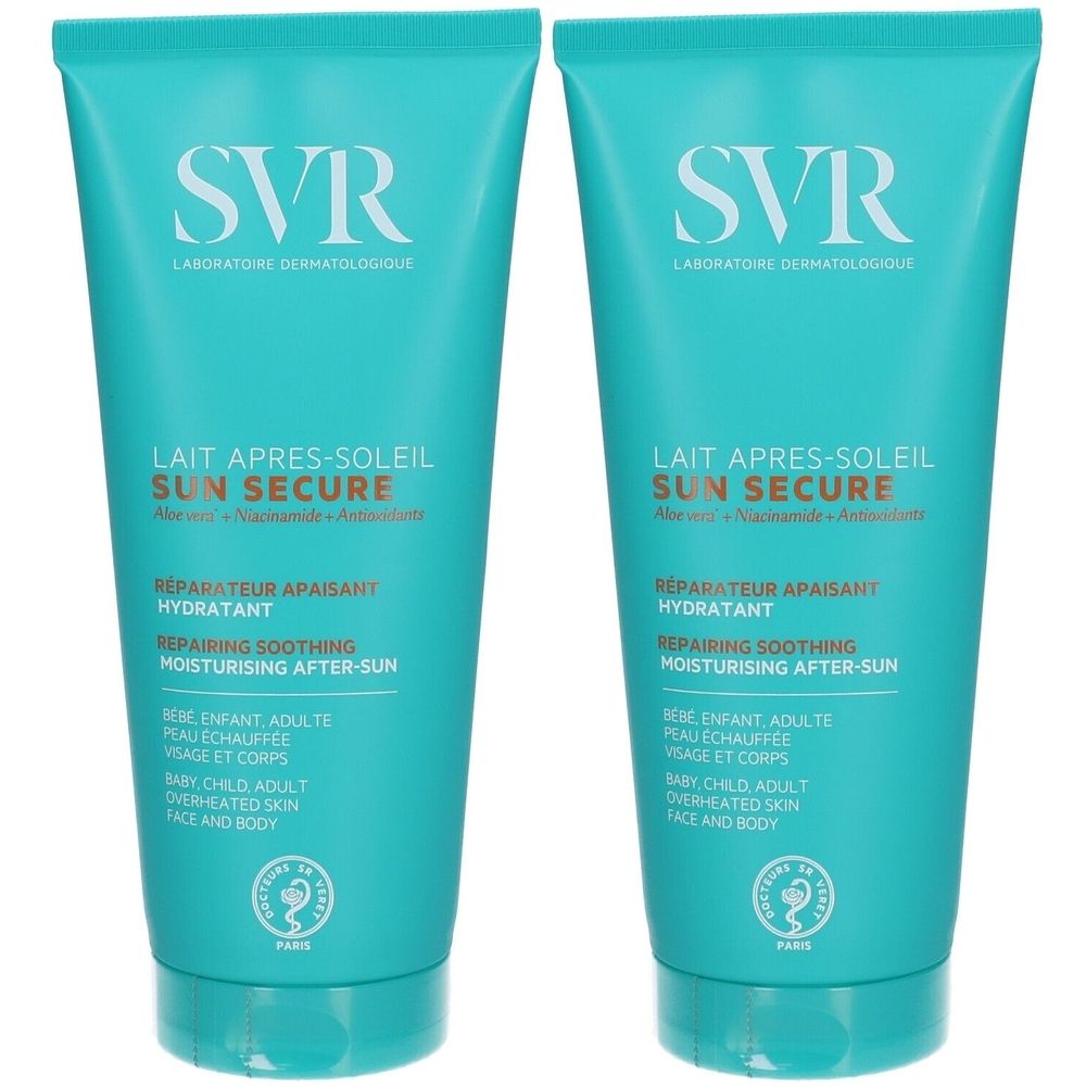 Deux tubes turquoise avec texte blanc. Inscription: SVR, Lait Après-Soleil Sun Secure. Pour visage et corps.