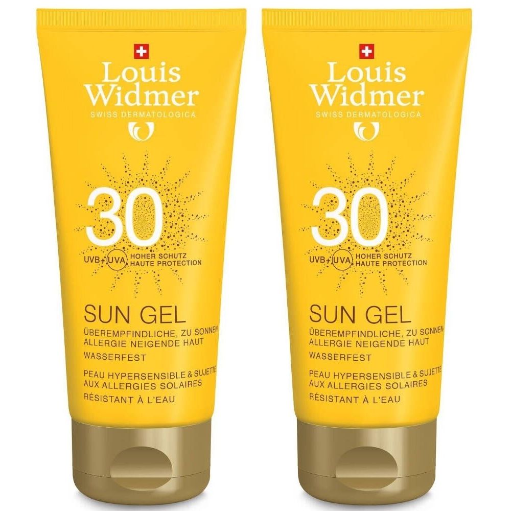 Deux tubes de gel solaire jaune. Inscription: Louis Widmer, Sun Gel 30. Résistant à l'eau, pour peaux sensibles.