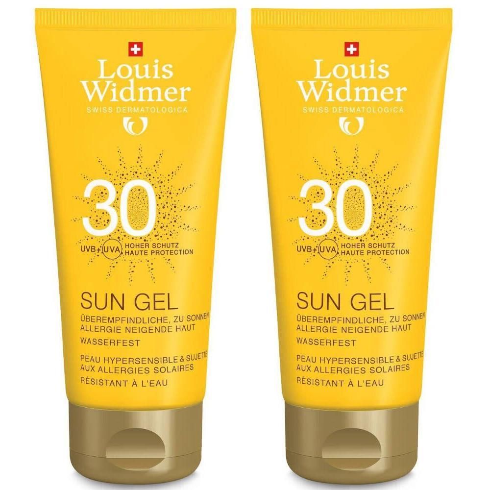 Deux tubes jaunes avec logo croix rouge. Inscription: Sun Gel, SPF 30, pour peaux sensibles au soleil. Résistant à l'eau.