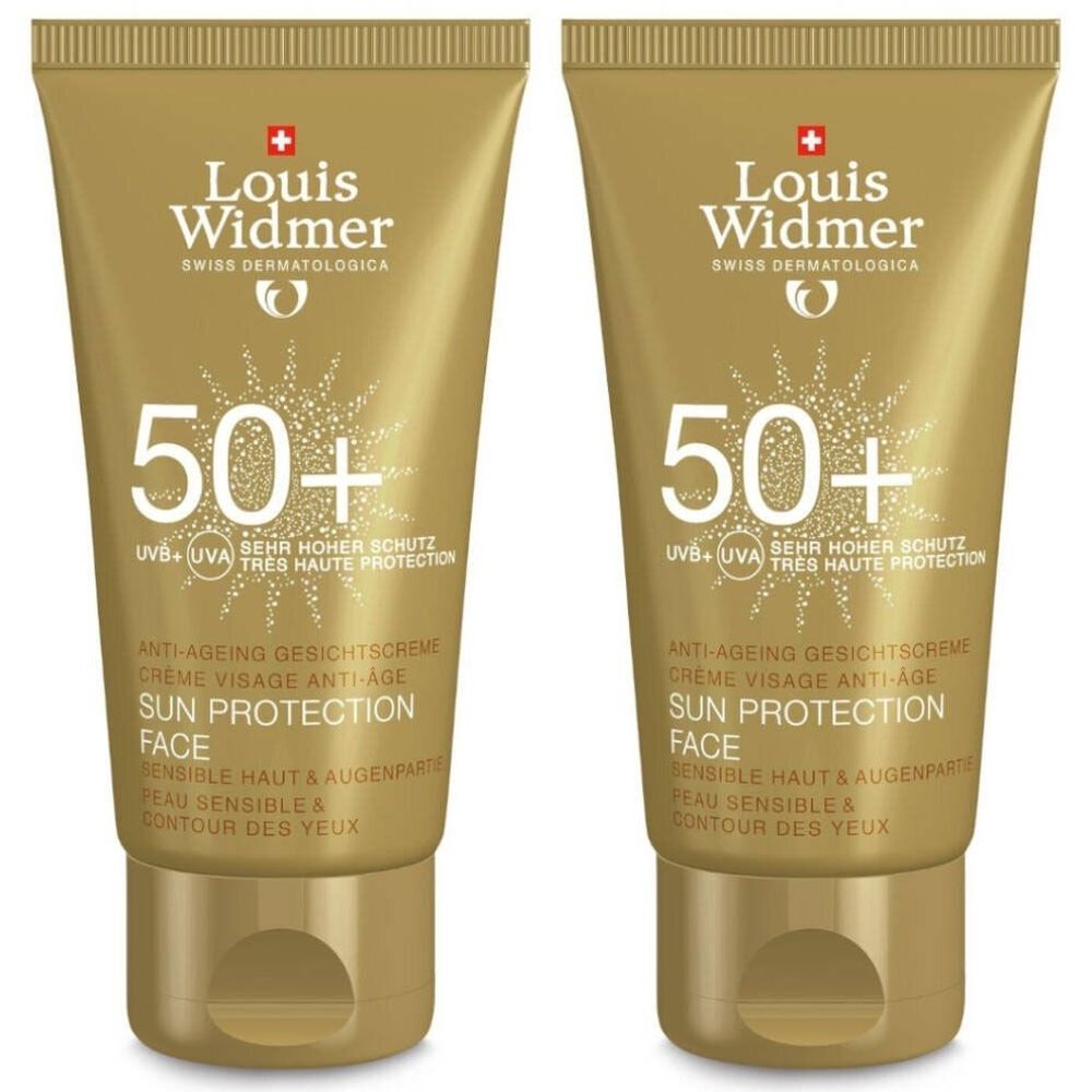 Deux tubes dorés de Louis Widmer Sonnenschutzgesicht SPF50+. Inscription: 50+, Sun Protection Face, pour peaux sensibles.