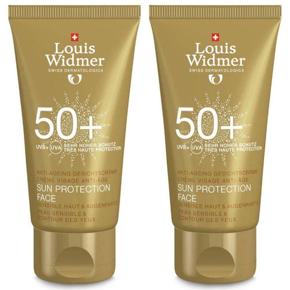 Deux tubes dorés. Sur chacun : Louis Widmer, 50+, Sun Protection Face. Texte en allemand et français.