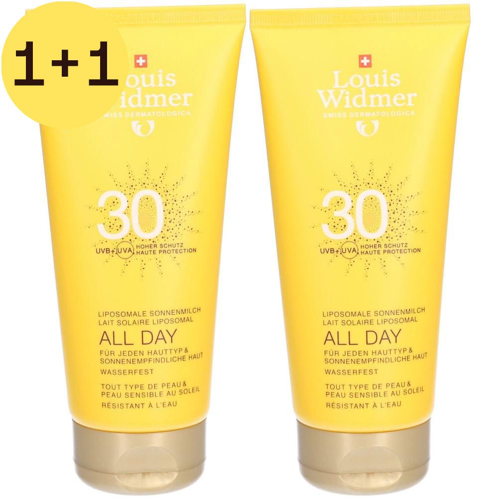 Deux tubes jaunes de Louis Widmer All Day IP30. Inscription: 30, All Day, pour peaux sensibles au soleil. Avec autocollant 1+1.