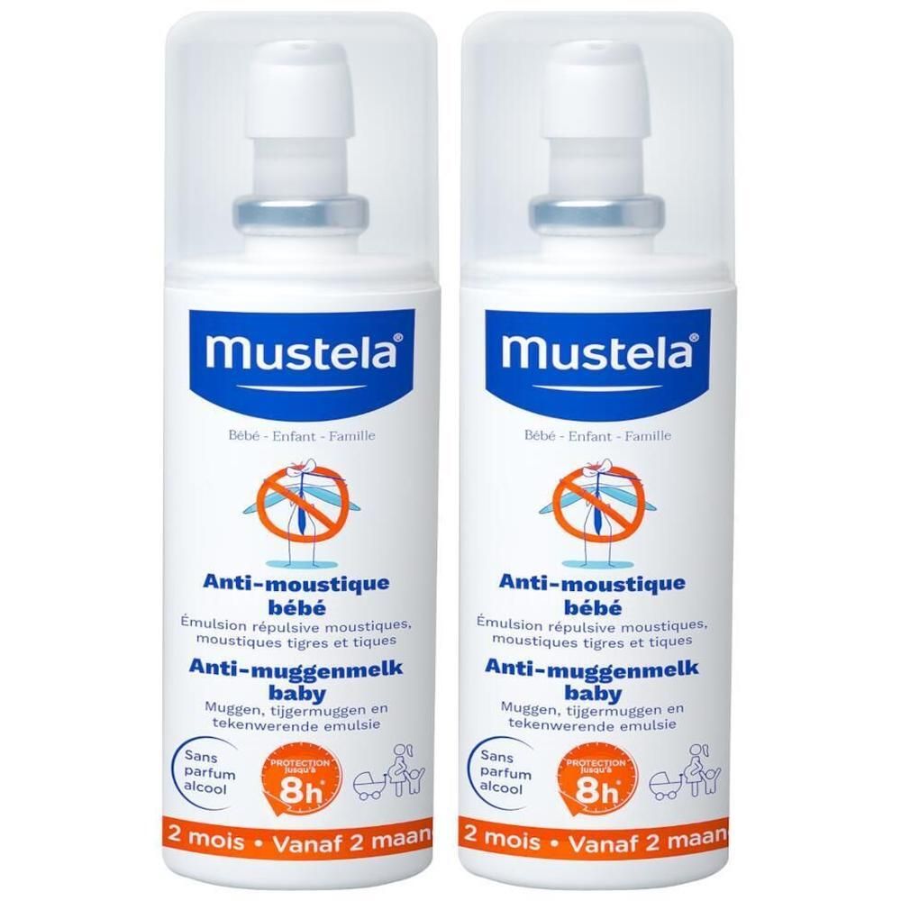 Deux flacons blancs Mustela Anti-moustique bébé, Anti-muggenmelk baby. Protection 8h, sans alcool, pour bébés dès 2 mois. Avec bouchon et spray.