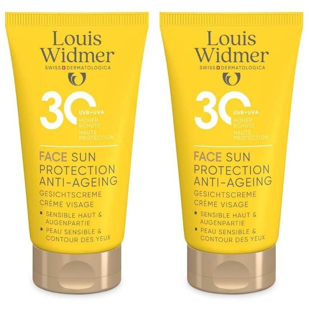 Deux tubes de protection solaire visage Louis Widmer Anti-Aging SPF30.