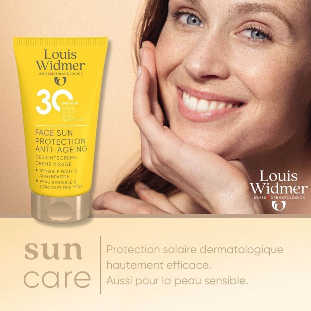 Protection solaire visage Louis Widmer Anti-Aging SPF30 avec une femme et le produit.