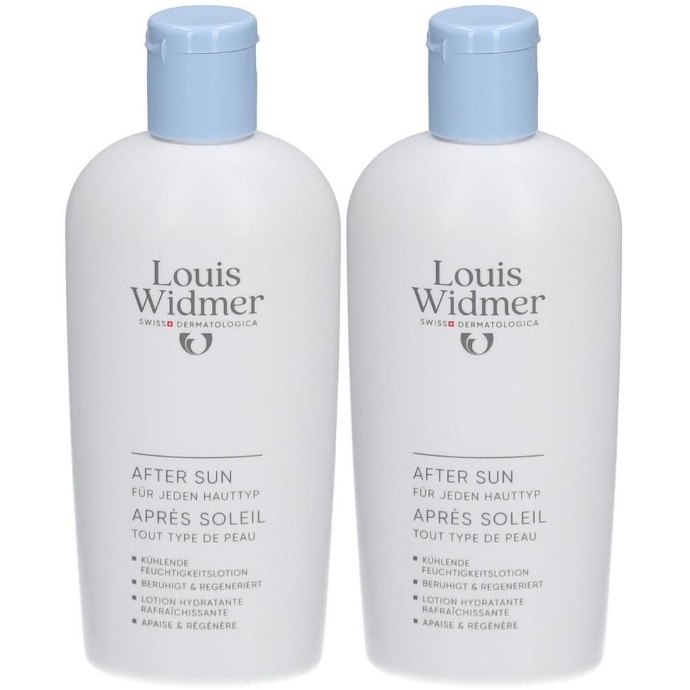 Deux flacons blancs avec bouchons bleu clair. Inscription: Louis Widmer, Après Soleil, tout type de peau. Texte en allemand et français.